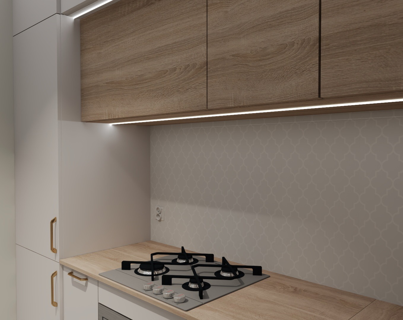 Nowoczesna kuchnia z białymi szafkami, drewnianymi frontami górnymi, podświetleniem LED pod szafkami i płytą gazową na blacie w kolorze jasnego drewna.