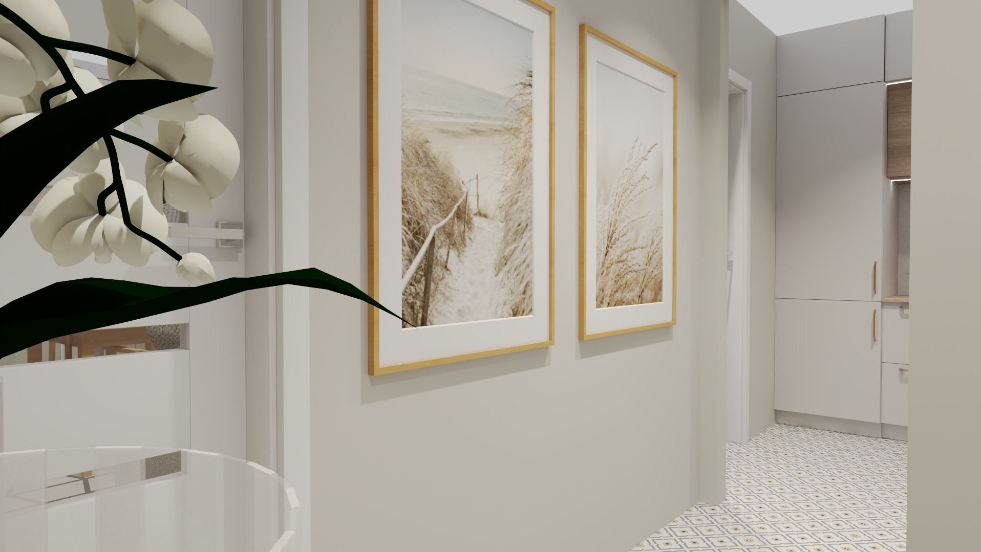 Jasne wnętrze mieszkania z minimalistyczną kuchnią i dekoracjami ściennymi w postaci obrazów z motywami plażowymi, z elementami roślinnymi na pierwszym planie.