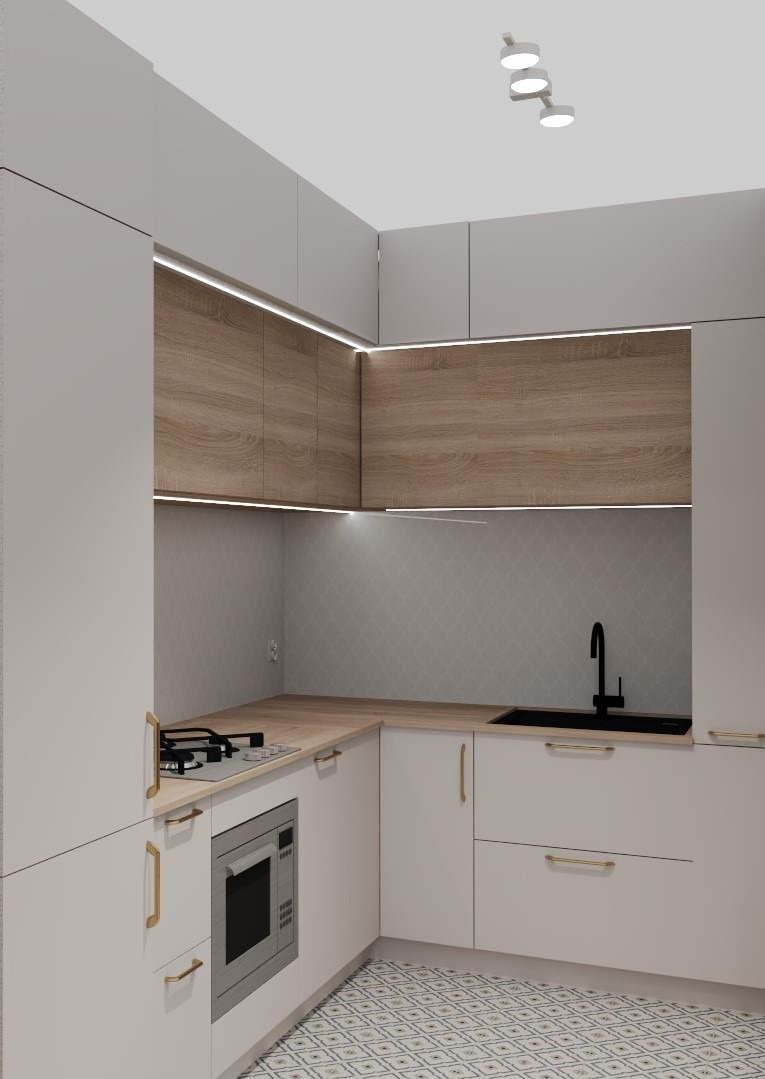 Wizualizacja nowoczesnej kuchni z białymi i drewnianymi szafkami, oświetleniem LED pod szafkami wiszącymi, czarnym zlewem i baterią oraz płytą gazową. Na podłodze wzorzyste płytki.