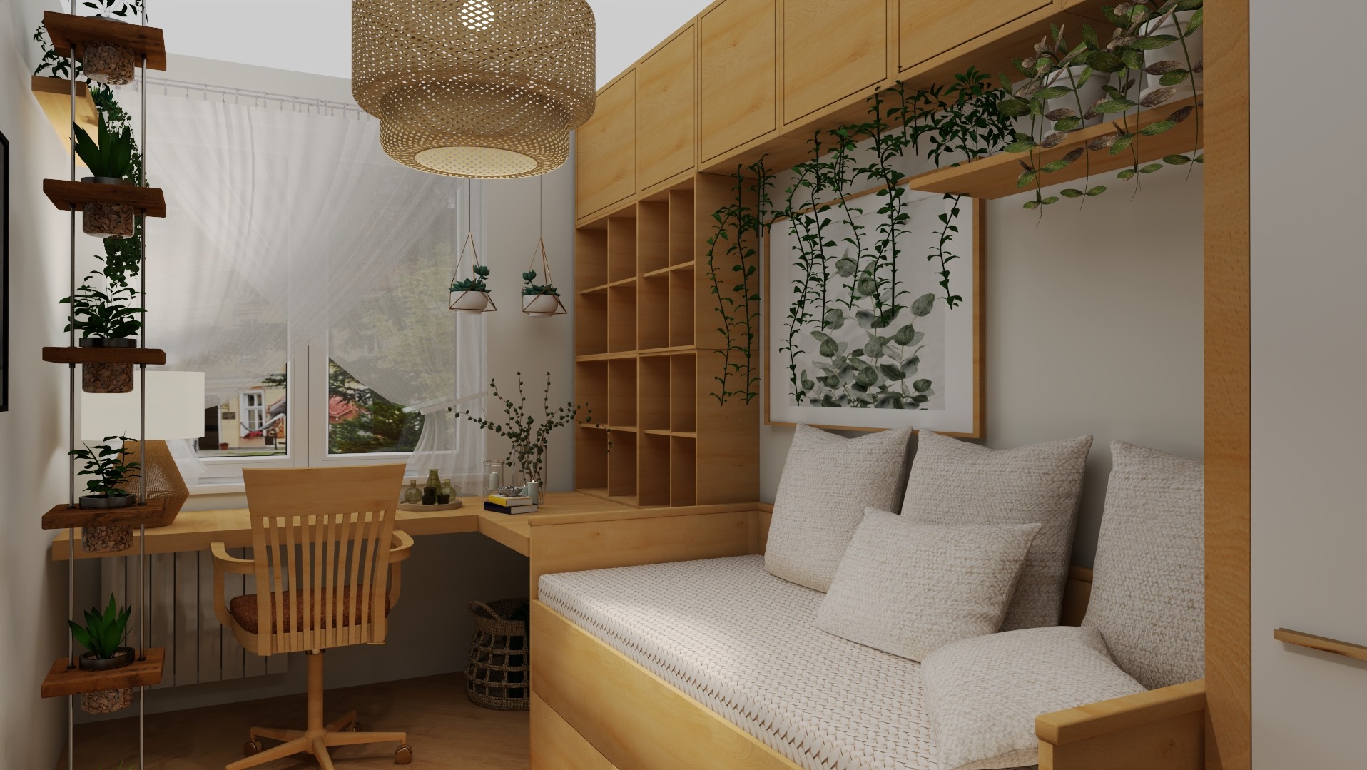 Wizualizacja pokoju z drewnianymi meblami: biurko z krzesłem, regał z półkami, sofa z poduszkami, lampa z wikliny, rośliny doniczkowe wiszące i stojące, obraz w ramie.