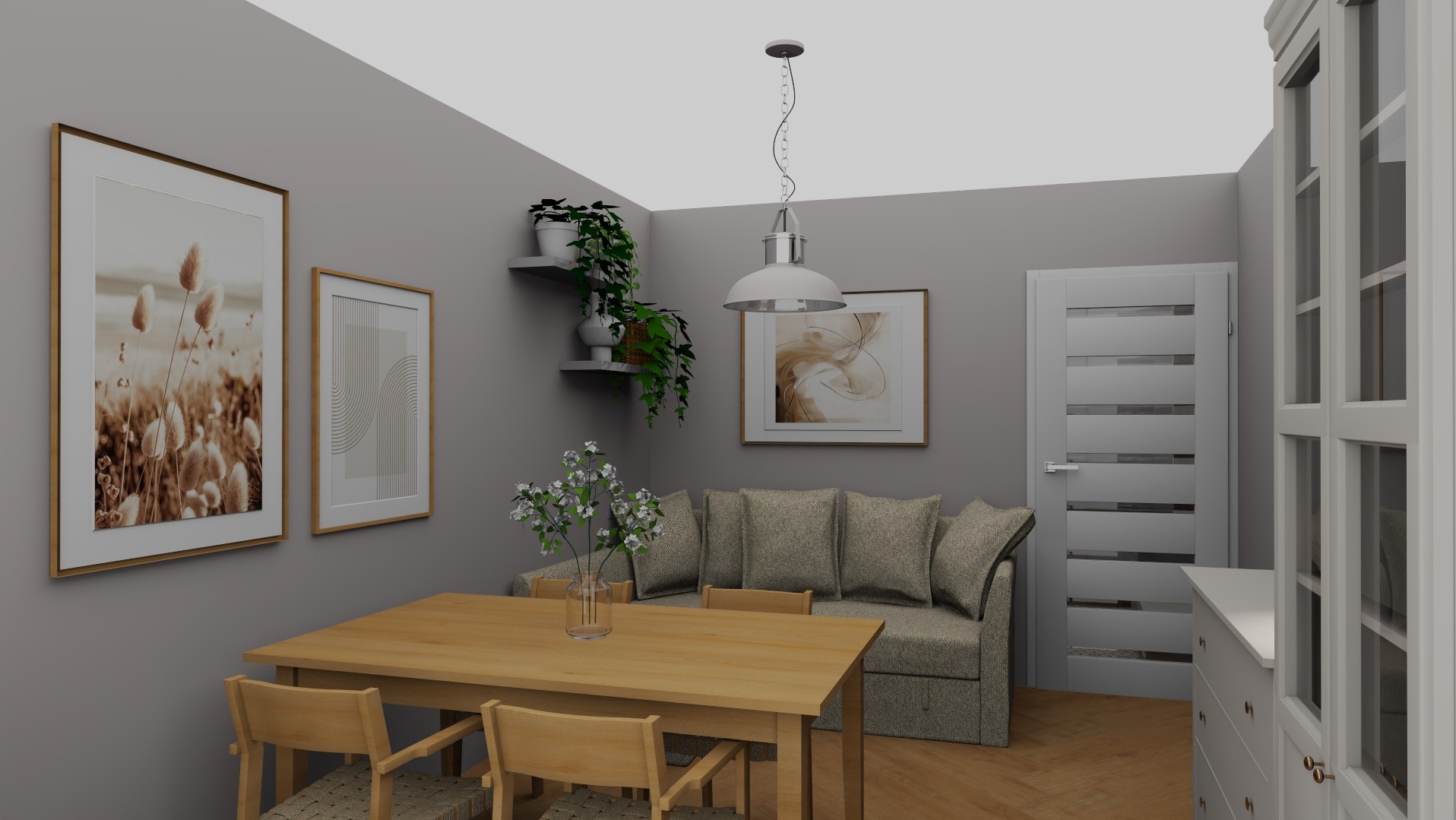 Wizualizacja jadalni z drewnianym stołem i krzesłami, szarą sofą z poduszkami, dekoracjami ściennymi w postaci obrazów i roślin na półkach, oświetlona wiszącą lampą.