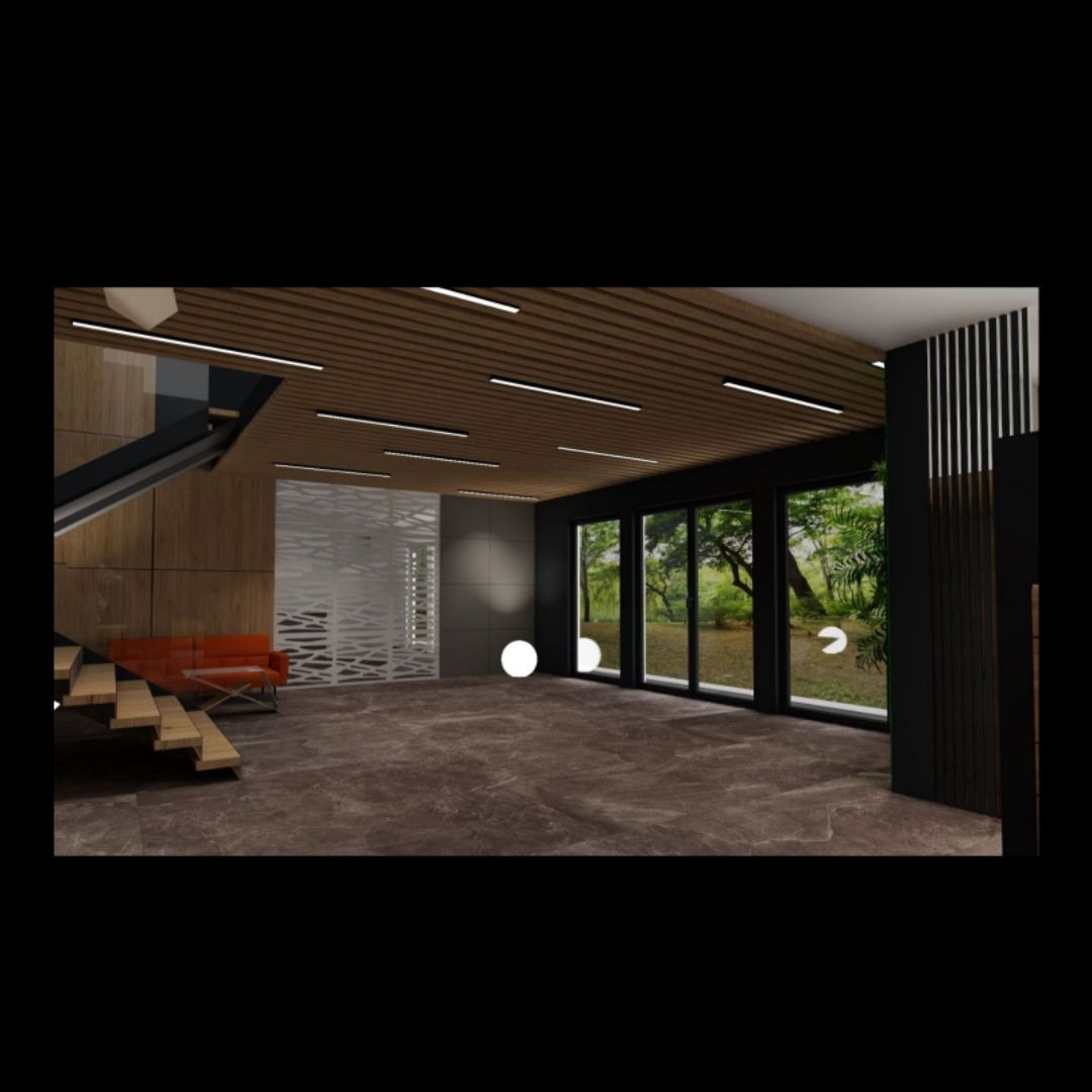 Wizualizacja przestronnego wnętrza z drewnianym sufitem z liniowym oświetleniem, schodami z drewnianymi stopniami, oranżową sofą i dużymi oknami z widokiem na zieleń.