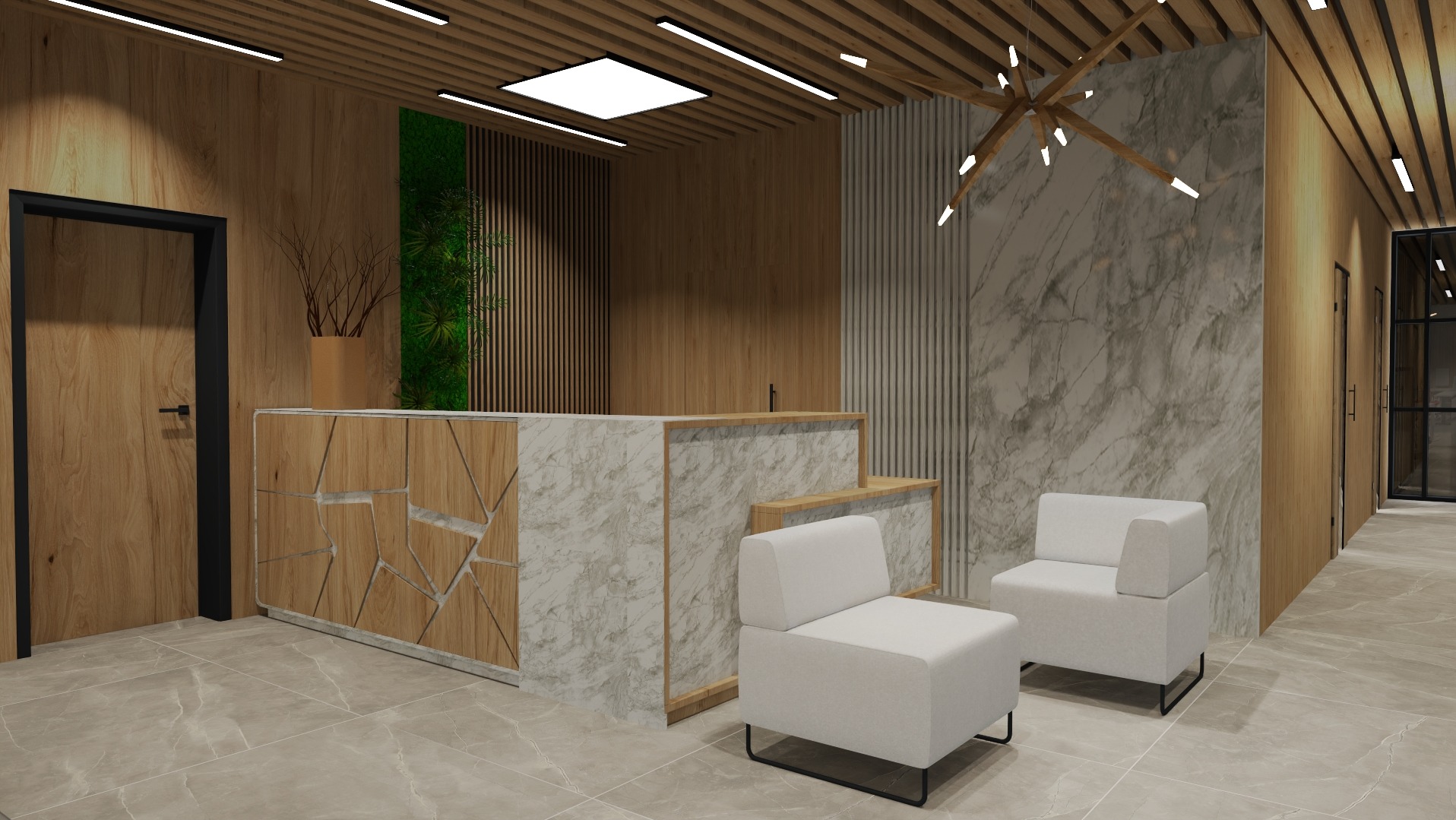 Wizualizacja nowoczesnego biura z recepcją wykończoną drewnem i marmurem, minimalistyczne białe fotele dla gości, drewniany sufit z oświetleniem liniowym i dekoracyjną lampą.