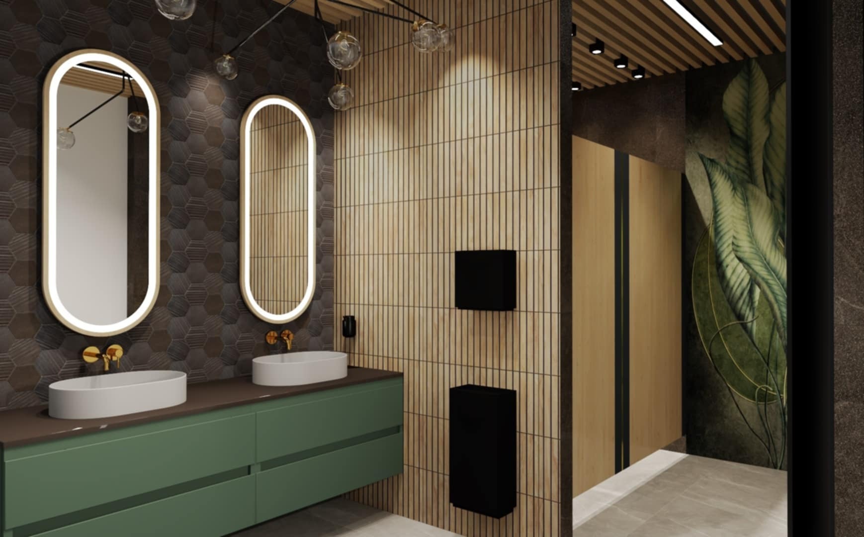 Wizualizacja nowoczesnej łazienki z dwoma owalnymi lustrami z podświetleniem LED, zieloną szafką pod umywalki, ścianą wyłożoną drewnopodobnymi lamelami oraz tapetą z motywem tropikalnych liści.