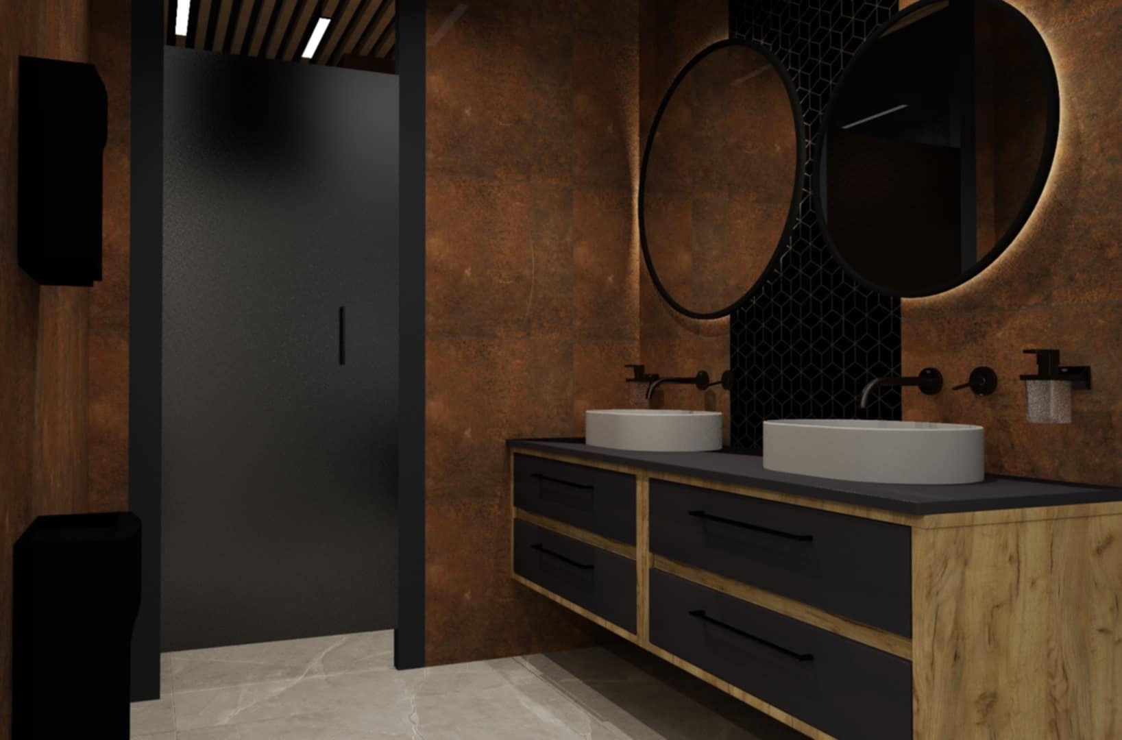 Nowoczesna łazienka z dwoma okrągłymi lustrami podświetlonymi LED, umywalkami nablatowymi i szafką z drewnianymi bokami oraz czarnymi frontami szuflad.