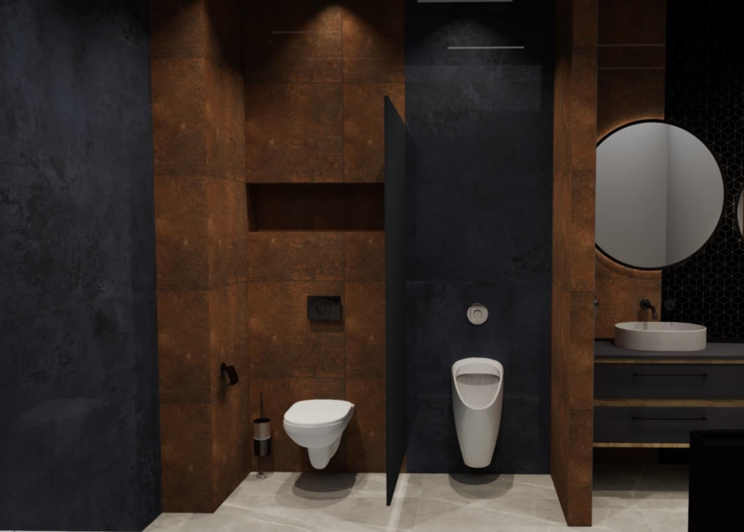 Projekt łazienki w Elblągu z oddzielną toaletą męską i damską, brązowe i czarne płytki imitujące rdzę, okrągłe lustro z podświetleniem.