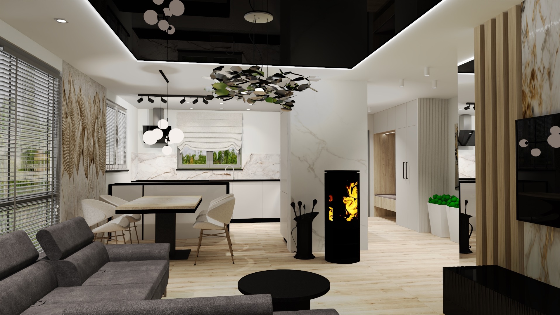 Nowoczesny salon z szarą sofą, kominkiem z płomieniami i otwartą kuchnią z marmurowym backsplashiem, oświetlony designerską lampą wiszącą z metalowych elementów.