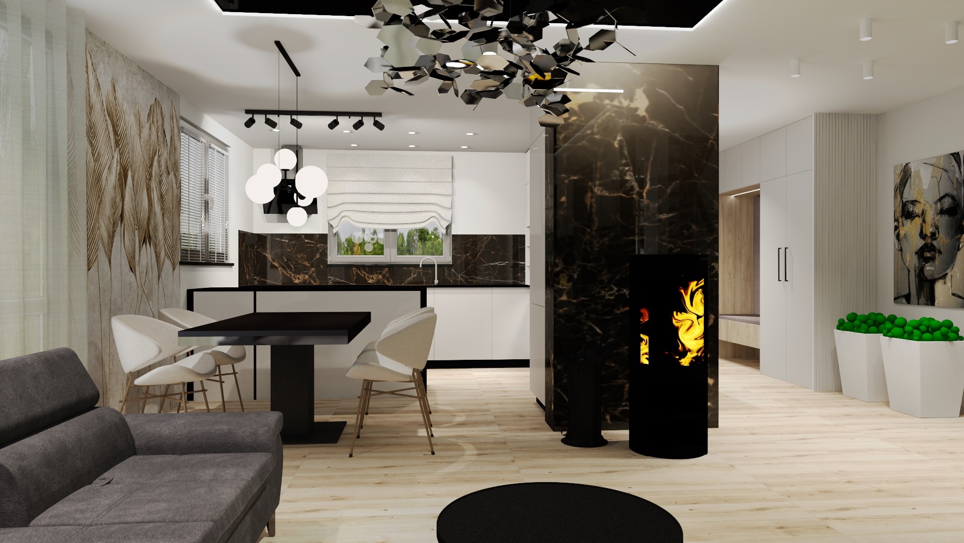 Wizualizacja nowoczesnego salonu z aneksem kuchennym, marmurowa ściana za czarnym biokominkiem, szara sofa, stół z czarnym blatem i krzesłami, designerska lampa wisząca, dekoracja ścienna z motywem...