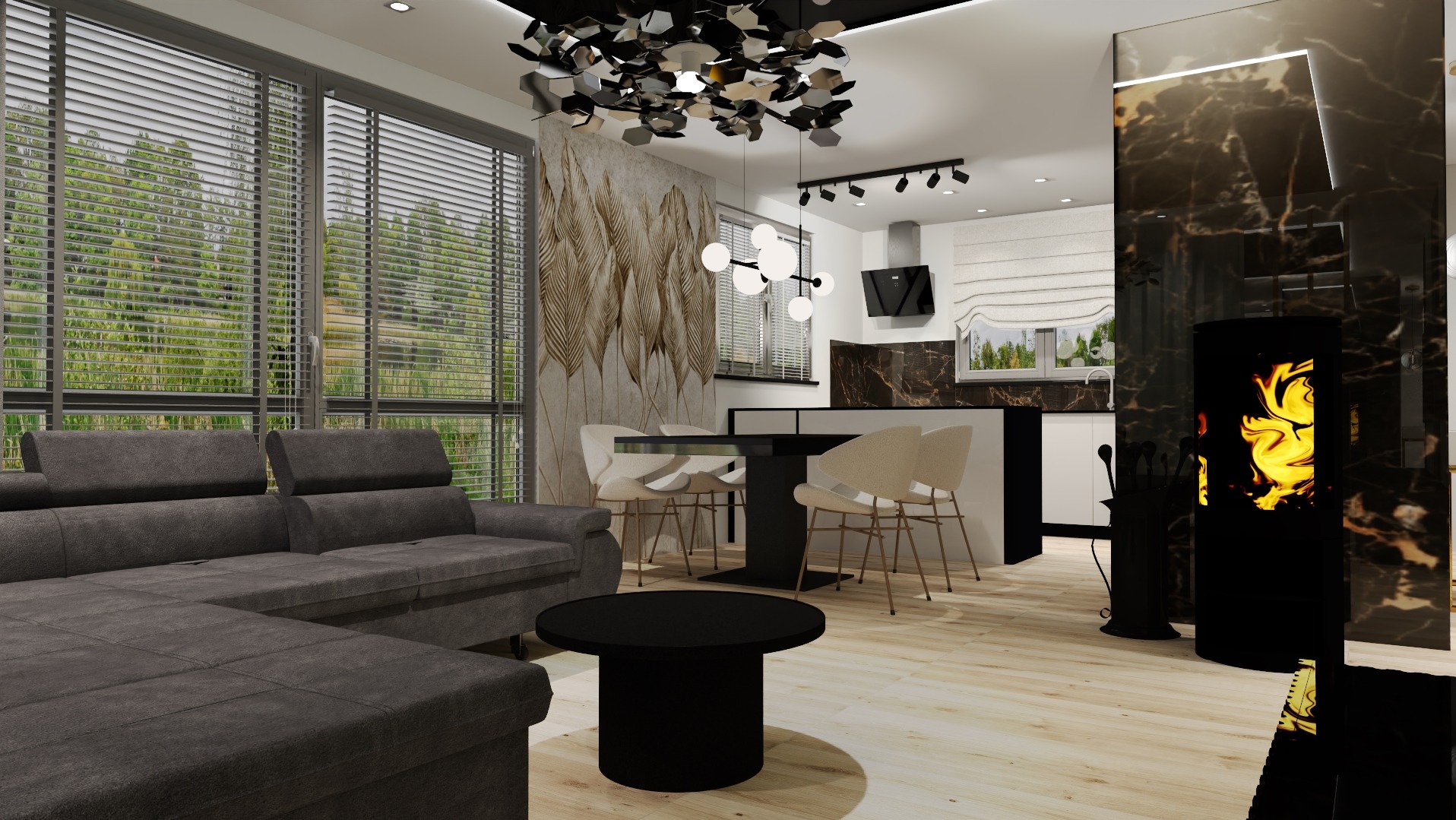 Nowoczesny salon z szarą sofą narożną, czarnym stolikiem kawowym, jadalnią z czarnym stołem i krzesłami w kolorze ecru oraz kominkiem obok kuchni z marmurowym blatem.