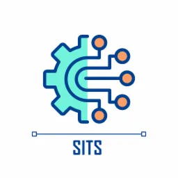 Ilustracja wektorowa przedstawiająca stylizowaną zębatkę w kolorze turkusowym połączoną z trzema okręgami w kolorze pomarańczowym za pomocą niebieskich linii, symbolizująca połączenie mechaniki...