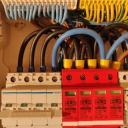 Szczegółowe ujęcie rozdzielnicy elektrycznej z widocznymi bezpiecznikami Hager, ogranicznikami przepięć ELS EL30B+C w kolorze czerwonym oraz uporządkowanymi przewodami w różnych kolorach...