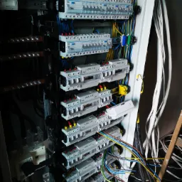 Rozdzielnica elektryczna z zainstalowanymi bezpiecznikami i okablowaniem, widoczne oznaczenia LOKAL L.01, L.02, L.03, L.07, L.08, L.09, kable w kolorach niebieskim, żółtym, zielonym, brązowym...