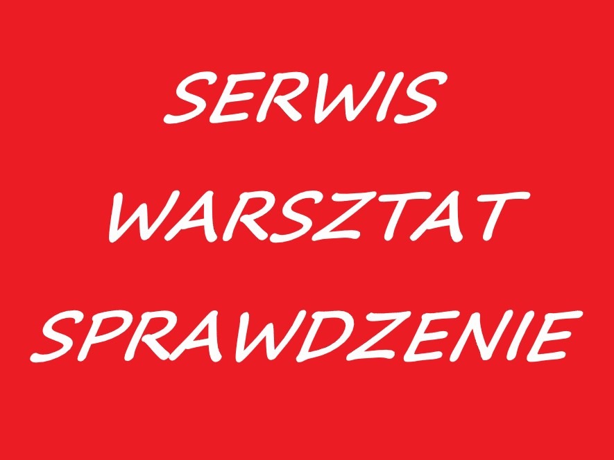 Czerwone tło z białym napisem 'SERWIS WARSZTAT SPRAWDZENIE'.