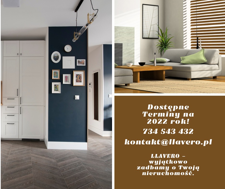 Wnętrze mieszkania z parkietem ułożonym w jodełkę, białą zabudową kuchenną, ciemnoniebieską ścianą z galerią obrazków i salonem w tle, z informacją o dostępnych terminach na 2022 rok i danymi...