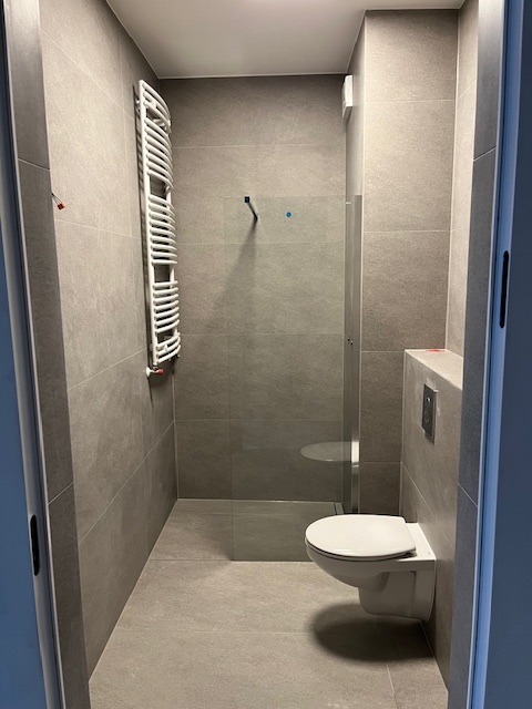 Nowoczesna łazienka z szarymi płytkami, wiszącą toaletą, grzejnikiem drabinkowym i szklaną kabiną prysznicową bez brodzika.