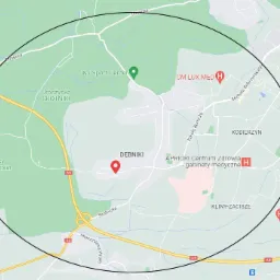 Mapa Krakowa z zaznaczonym okręgiem obejmującym Dębniki, Łagiewniki-Borek Fałęcki, Las Tyniecki i fragment Skawiny, widoczne punkty orientacyjne jak Stacja Paliw Orlen, Opactwo Benedyktynów w Tyńcu...