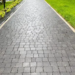 Długa, prosta ścieżka wyłożona szarą kostką brukową, otoczona z jednej strony niskimi krzewami i czarną agrowłókniną, a z drugiej trawnikiem z jasną zielenią.