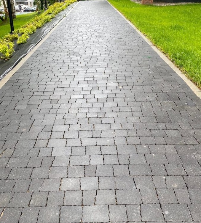 Długa, prosta ścieżka wyłożona szarą kostką brukową, otoczona z jednej strony niskimi krzewami i czarną agrowłókniną, a z drugiej trawnikiem z jasną zielenią.