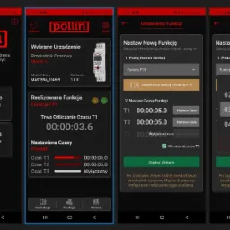 Aplikacja mobilna Pollin do ustawiania i monitorowania przekaźnika czasowego Master 5, z widocznymi ekranami wyboru urządzenia, konfiguracji funkcji F19 i ustawiania czasów T1, T2, T3.