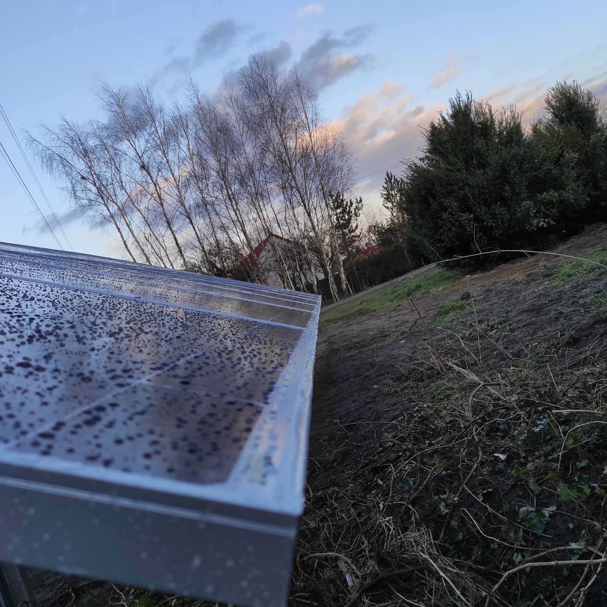 Panel słoneczny pokryty kroplami wody, w tle drzewa i fragment domu pod błękitnym niebem z chmurami o zachodzie słońca.