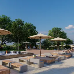 Wizualizacja ogrodu z paleniskiem otoczonym sofami, drewnianymi stolikami i parasolami, w tle leżaki i basen.