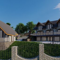 Di Selvio - Wizualizacja dwóch budynków mieszkalnych z ogrodem, widok zza kamienno-metalowego ogrodzenia, zieleń trawnika i drzew, błękitne niebo z chmurami w tle.