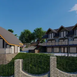 Wizualizacja dwóch budynków mieszkalnych z ogrodem, widok zza kamienno-metalowego ogrodzenia, zieleń trawnika i drzew, błękitne niebo z chmurami w tle.
