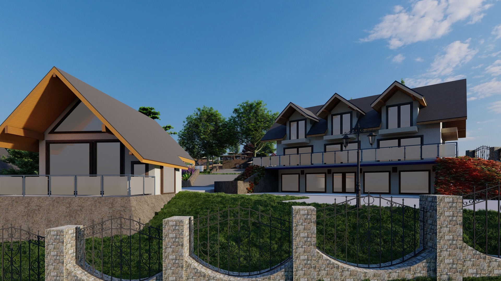 Wizualizacja dwóch budynków mieszkalnych z ogrodem, widok zza kamienno-metalowego ogrodzenia, zieleń trawnika i drzew, błękitne niebo z chmurami w tle.