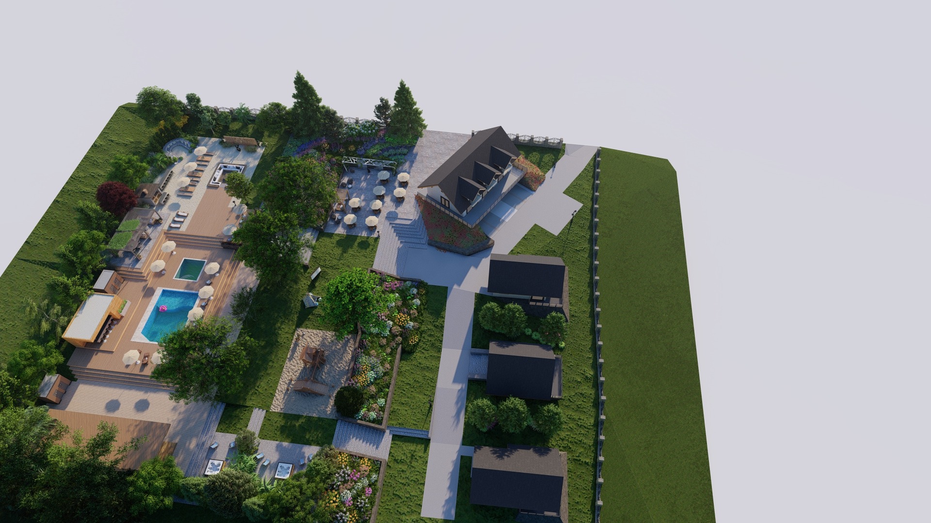 Projekt zagospodarowania terenu z budynkami, basenem z dmuchanym flamingiem, placem zabaw, restauracją z ogródkiem i bogatą roślinnością, widok z lotu ptaka.