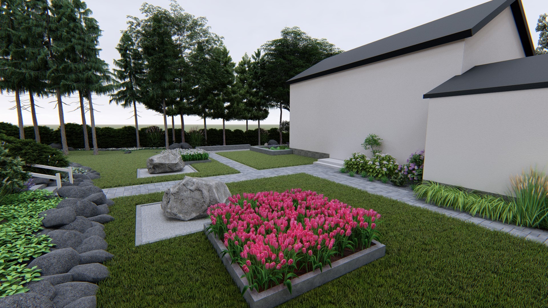 Wizualizacja ogrodu z kwitnącymi tulipanami w betonowej rabacie, ścieżką z płyt, ozdobnymi kamieniami i minimalistycznym budynkiem w tle.