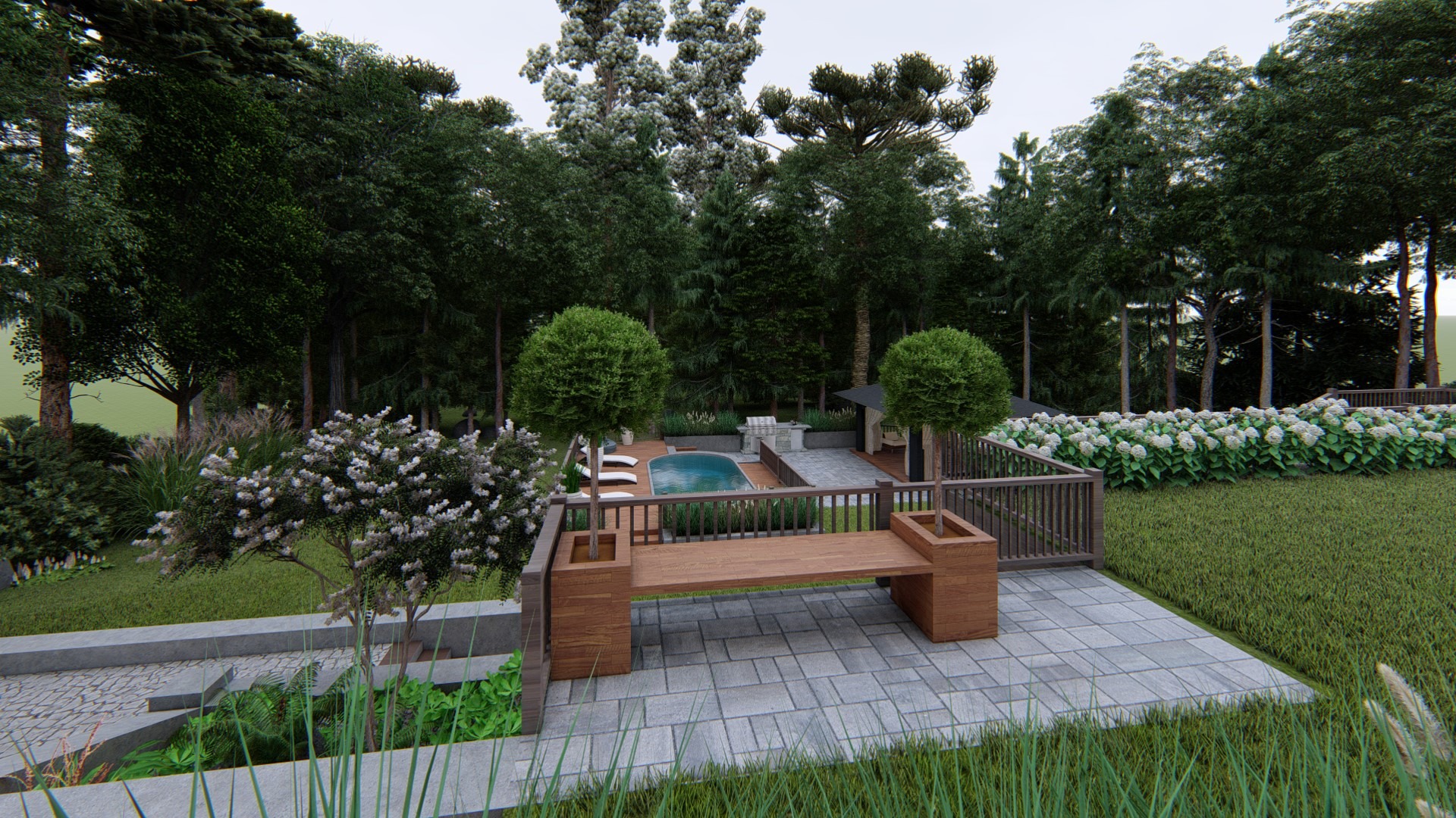 Wizualizacja ogrodu z basenem, grillem i drewnianą ławką z donicami na tarasie z szarej kostki brukowej, otoczona zielenią i drzewami.