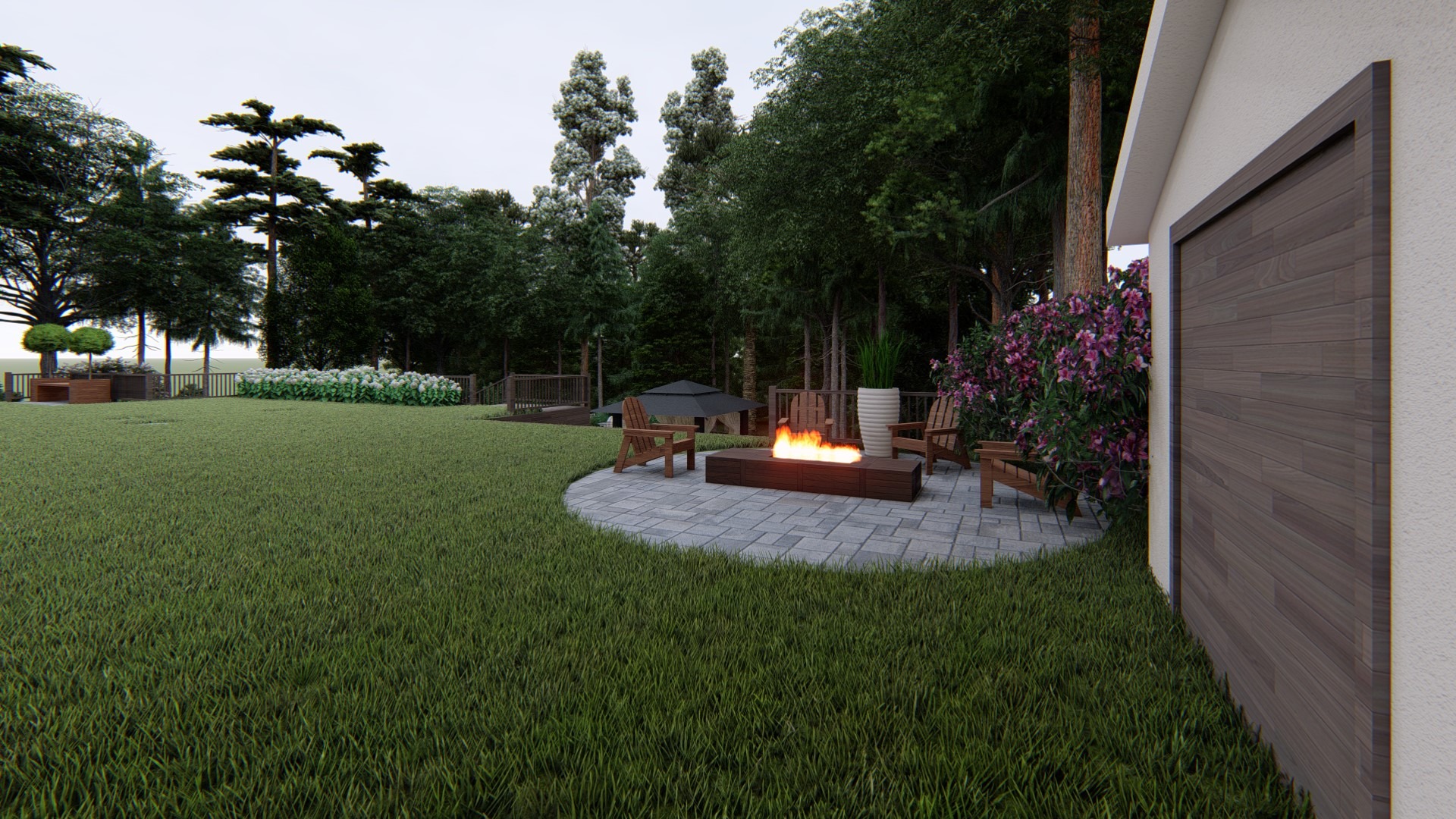 Wizualizacja ogrodu z paleniskiem otoczonym drewnianymi krzesłami, trawnikiem i roślinnością, widok na altanę w tle.