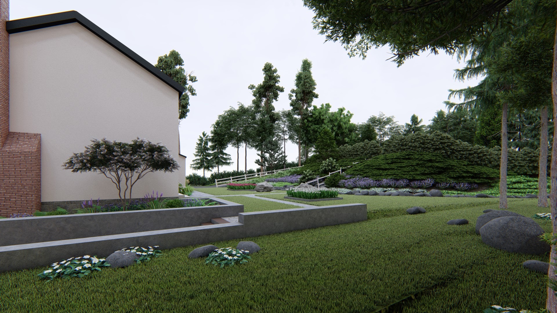 Wizualizacja ogrodu z nowoczesnymi rabatami, niską białą palisadą i różnorodną roślinnością: drzewa, krzewy, kwiaty, kamienie dekoracyjne.