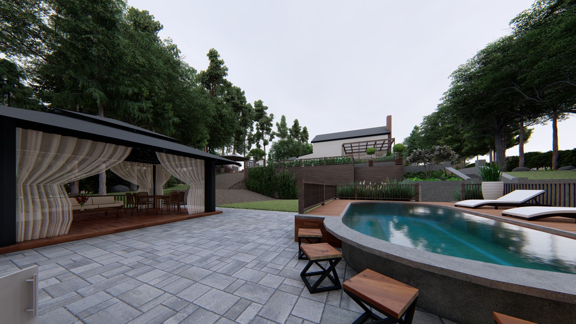 Wizualizacja ogrodu z basenem, altaną z zasłonami i drewnianym tarasem na wzgórzu.