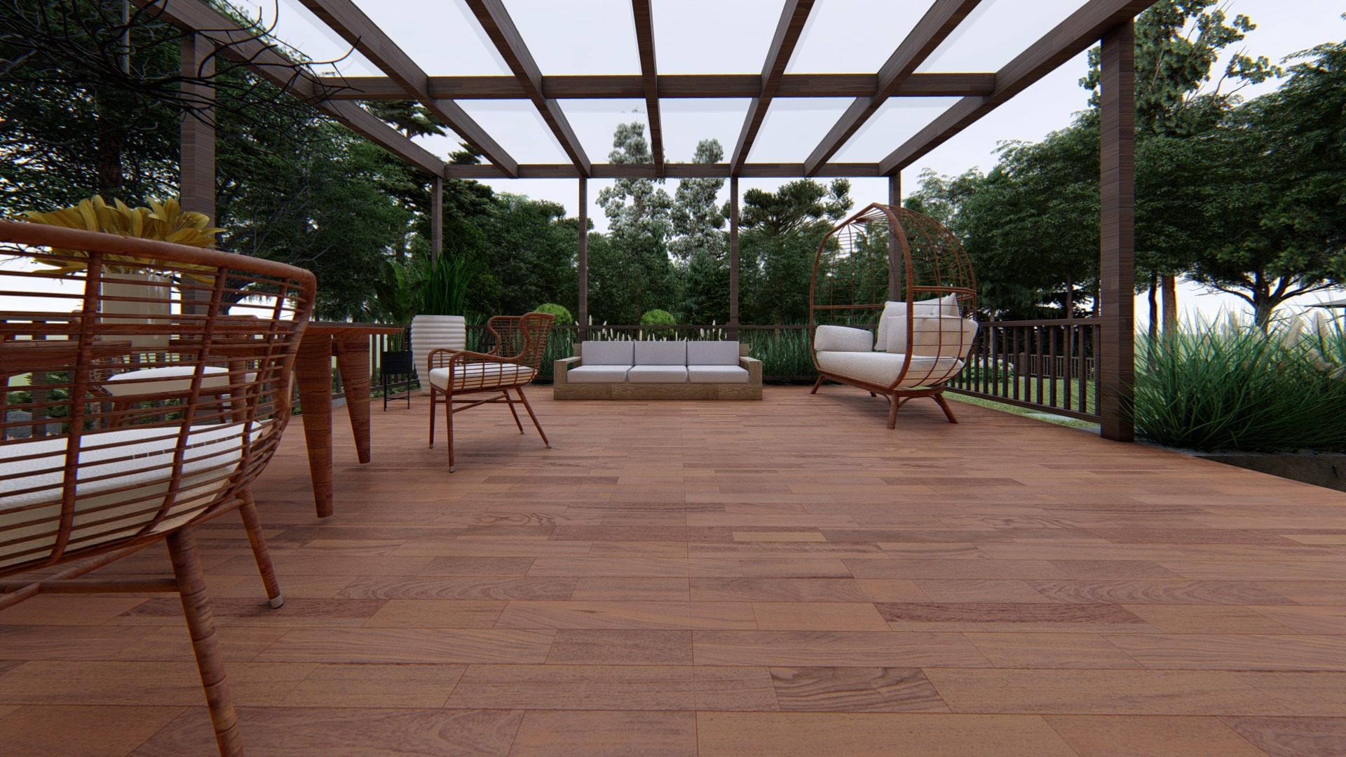 Zadaszony taras z drewnianą podłogą, rattanowymi meblami i widokiem na zielony ogród.