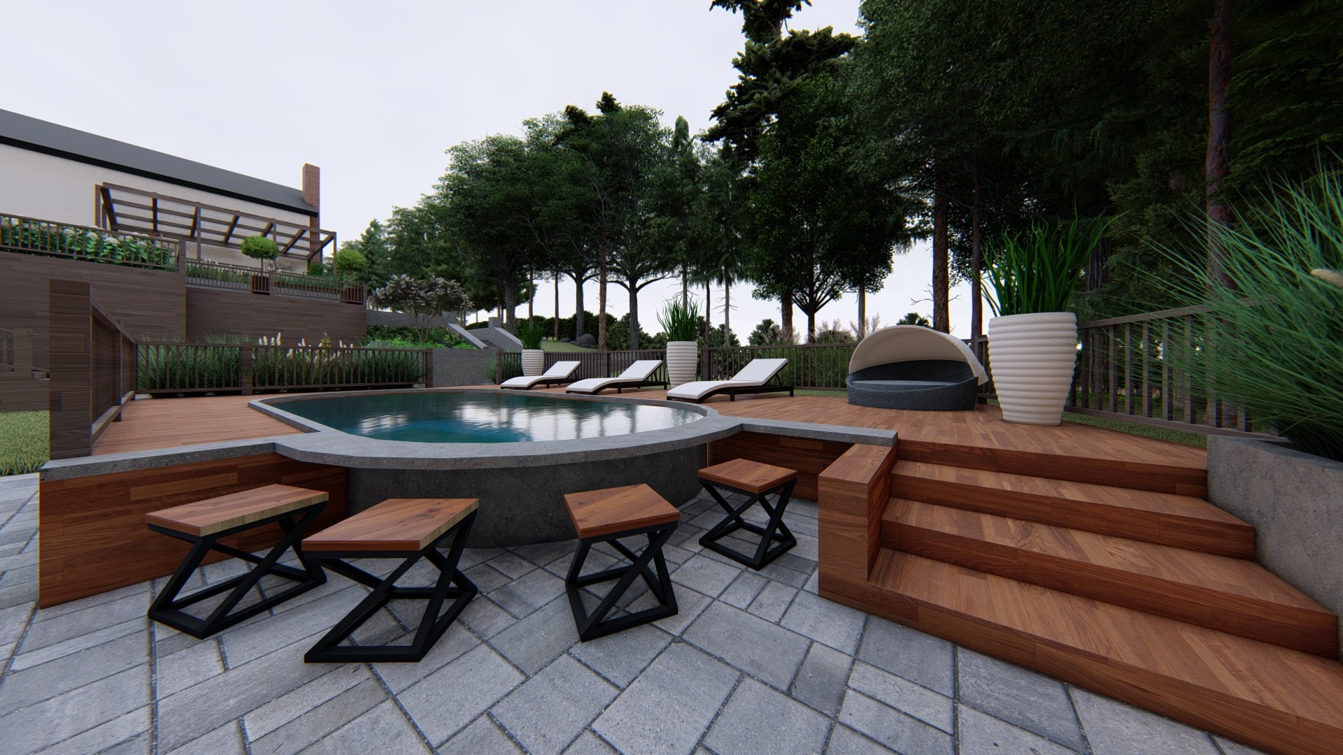 Wizualizacja ogrodu z okrągłym basenem, drewnianym tarasem, leżakami i schodami z drewna egzotycznego.