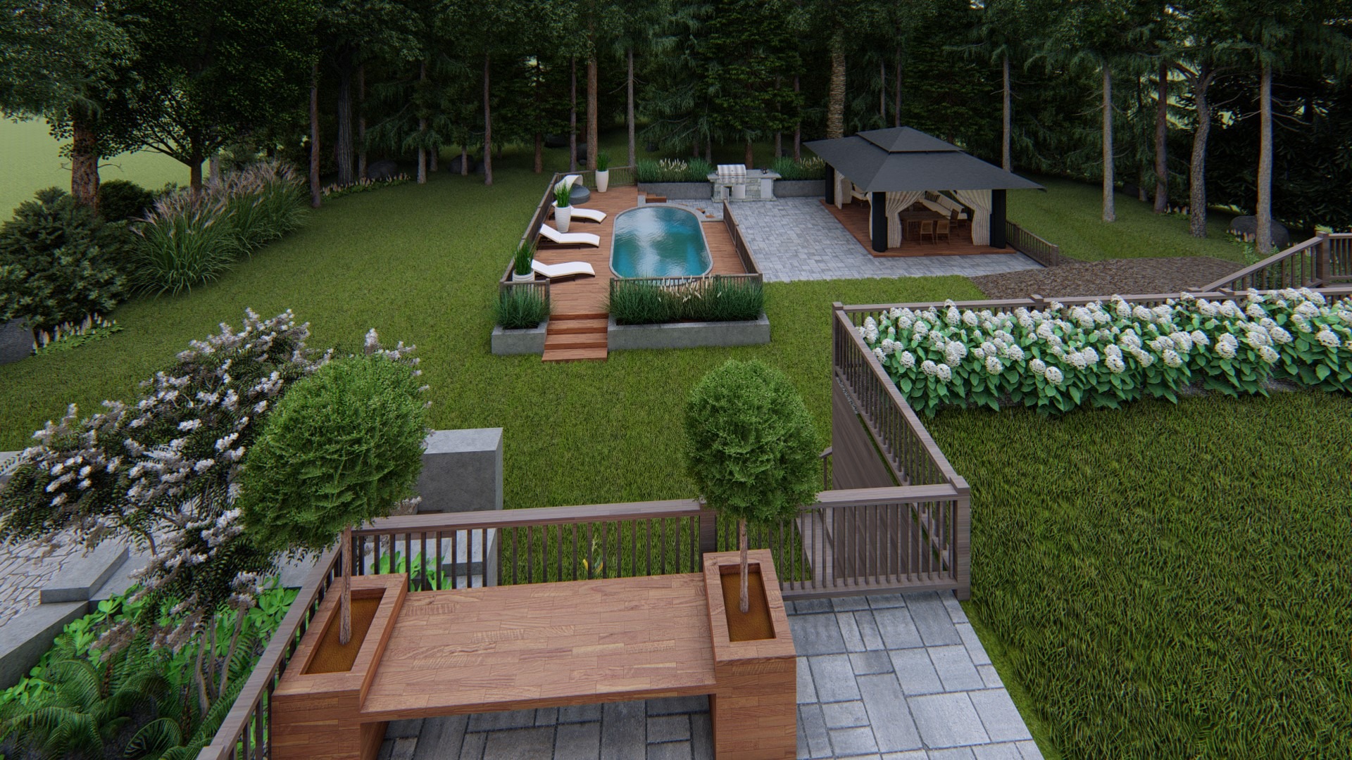 Wizualizacja zagospodarowania przestrzeni przydomowej z basenem, altaną i roślinnością ozdobną, widok z góry, jasny dzień.