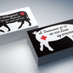 Dwa stosy wizytówek: białe z czarną sylwetką krowy i czerwonym krzyżem, czarne z białą sylwetką świni i czerwonym krzyżem, obie z danymi gabinetu weterynaryjnego.