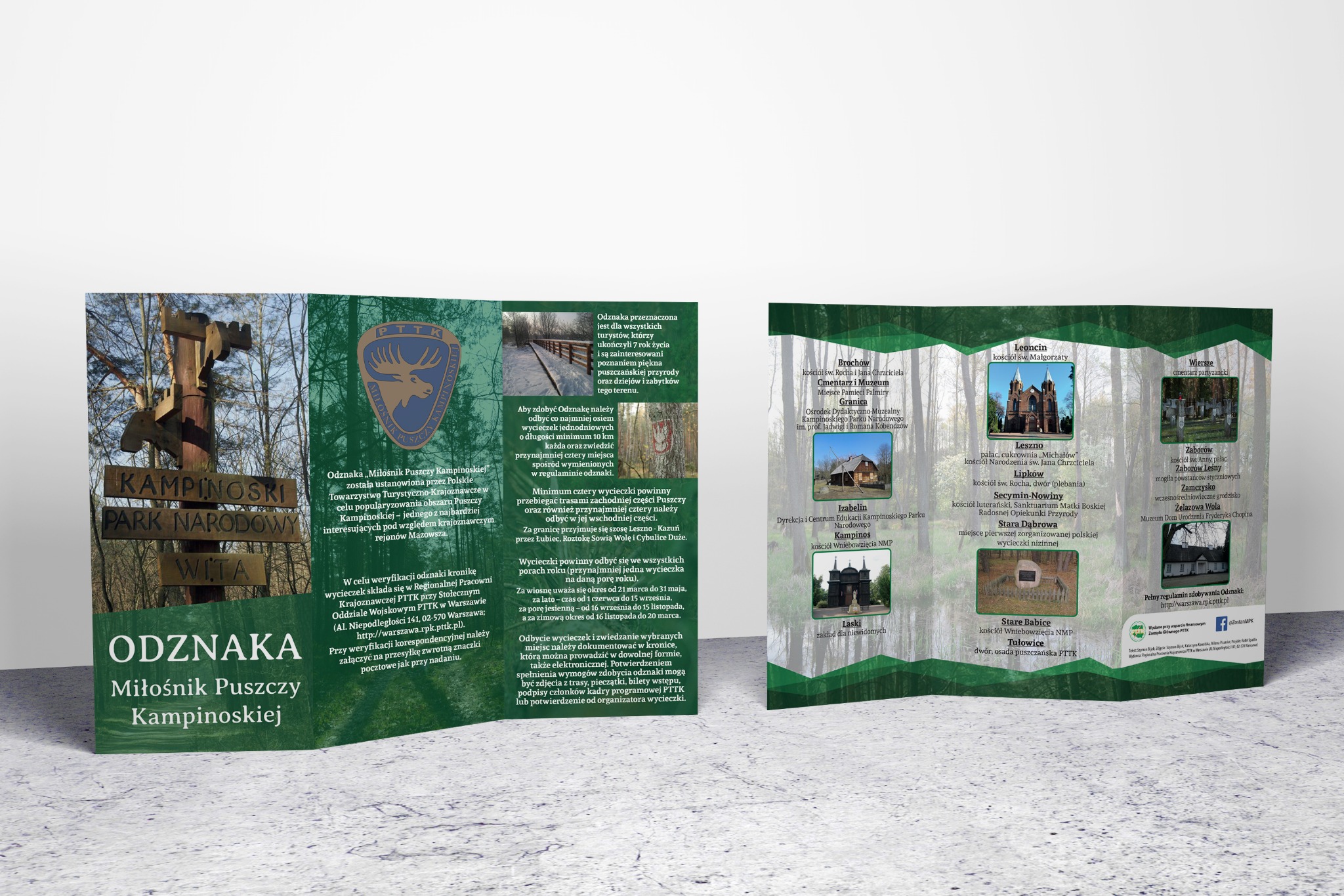 Rozłożona ulotka informacyjna o Puszczy Kampinoskiej i odznace turystycznej, prezentująca zdjęcia zabytków i informacje o regulaminie zdobywania odznaki.