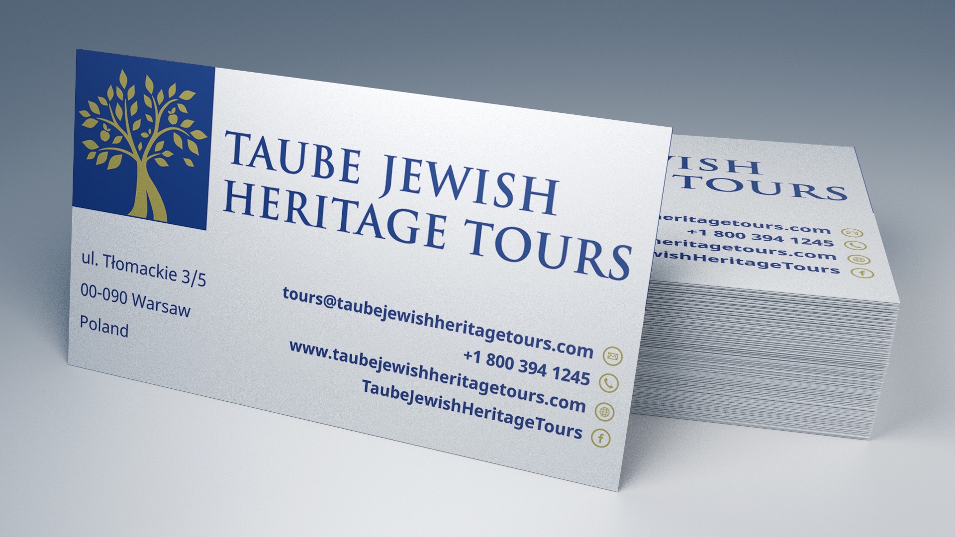 Stos wizytówek z logo drzewa i danymi kontaktowymi firmy Taube Jewish Heritage Tours, adres ul. Tłomackie 3/5, Warszawa, Polska.