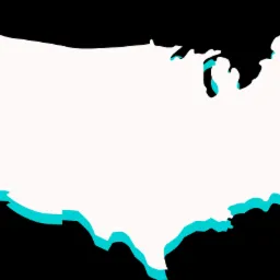 Biała mapa Stanów Zjednoczonych z turkusowym cieniem na czarnym tle.