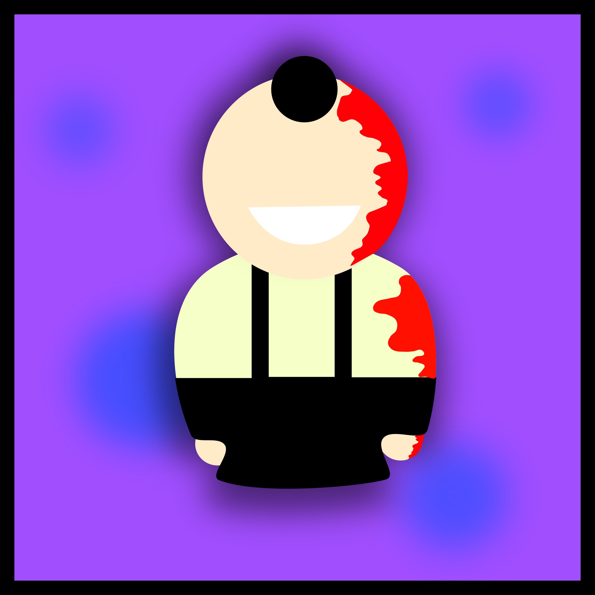 Uproszczona grafika wektorowa przedstawiająca uśmiechniętą postać z czarnym guzikiem na głowie, ubrana w koszulę z szelkami, z abstrakcyjnymi czerwonymi plamami po jednej stronie...