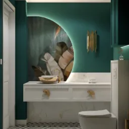 Nowoczesna łazienka z zielonymi ścianami, umywalką nablatową w kolorze złota, białymi szafkami z ozdobnymi uchwytami w kształcie liści miłorzębu, podświetlanym lustrem w kształcie półksiężyca...
