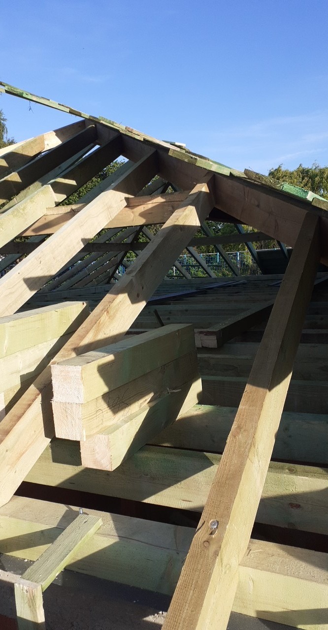 Surowa konstrukcja drewniana dachu w trakcie budowy, widoczne krokwie i elementy więźby dachowej w jasnym świetle słonecznym.