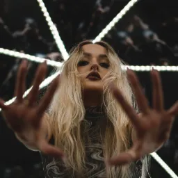 Portret kobiety z blond włosami, piercingiem w nosie i pierścionkami na palcach, wyciągającej dłonie w stronę obiektywu na tle geometrycznej instalacji świetlnej.