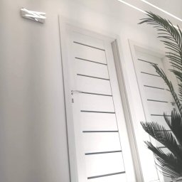 NATI&DOM remonty- wykończenia wnętrz Izabela Polak - Nowoczesne, białe drzwi wewnętrzne z poziomymi przeszkleniami, oświetlenie LED sufitowe i dekoracyjna lampa ścienna, uzupełnione rośliną doniczkową.