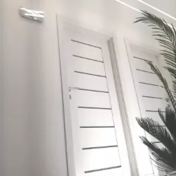 Nowoczesne, białe drzwi wewnętrzne z poziomymi przeszkleniami, oświetlenie LED sufitowe i dekoracyjna lampa ścienna, uzupełnione rośliną doniczkową.