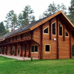 Duży, parterowy dom z bali w naturalnym odcieniu drewna, z wyraźnie widocznymi łączeniami bali, otoczony zielonym trawnikiem i wysokimi drzewami iglastymi.