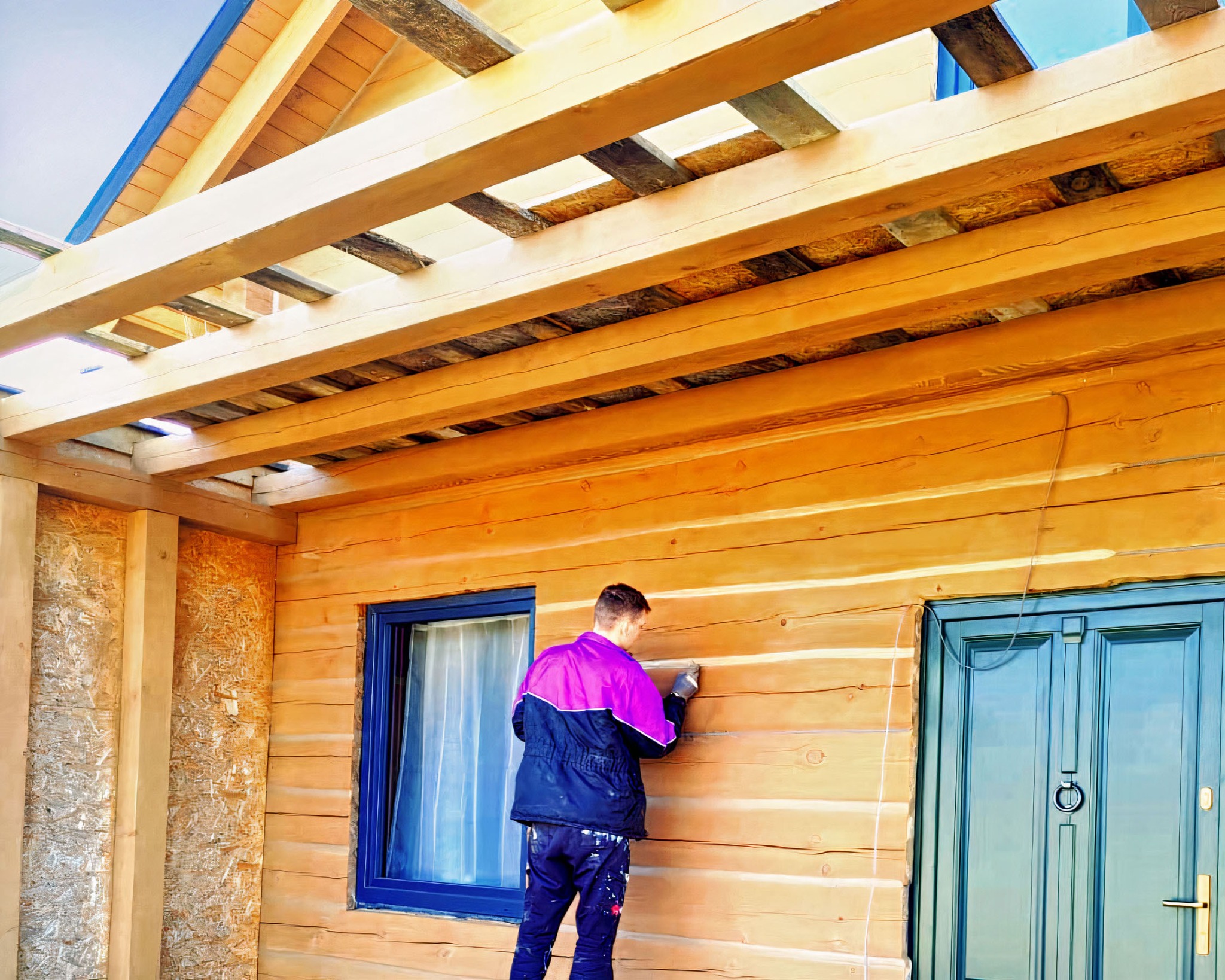 Pracownik w kurtce dwukolorowej uszczelnia szpary między belkami drewnianej ściany domu z bali, widoczne okno z niebieską ramą i drewniana konstrukcja dachu.