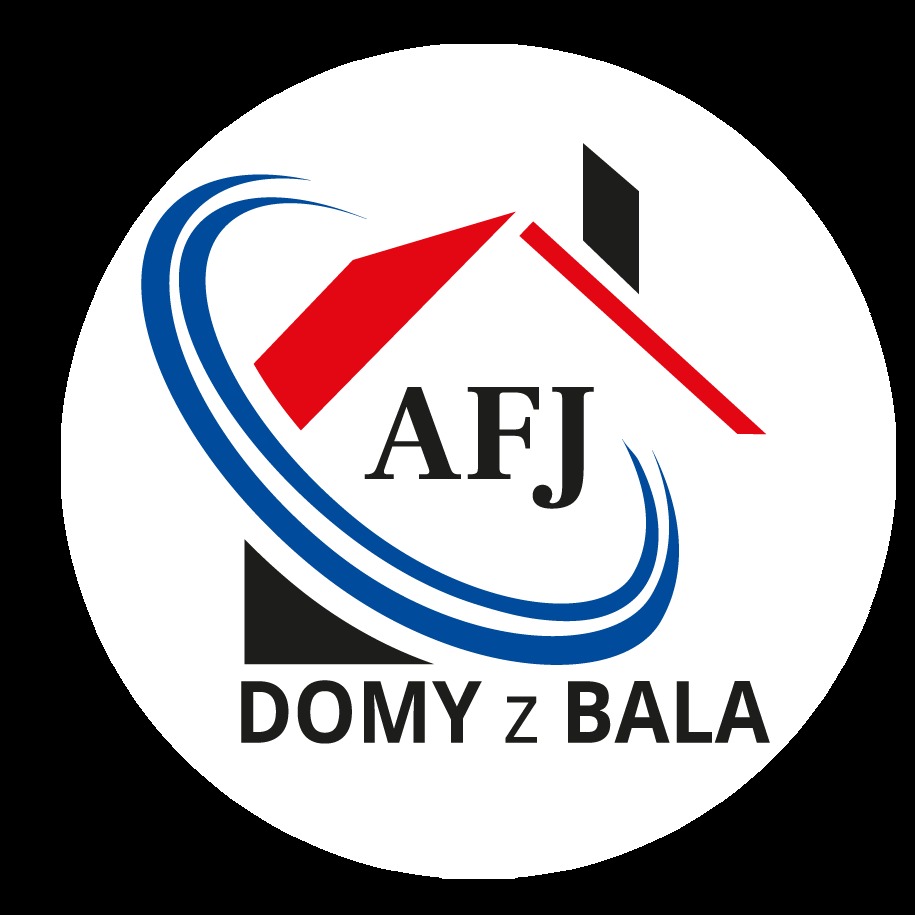 Logo firmy AFJ specjalizującej się w budowie domów z bali, z stylizowanym wizerunkiem domu i dynamicznymi, niebieskimi liniami w tle.